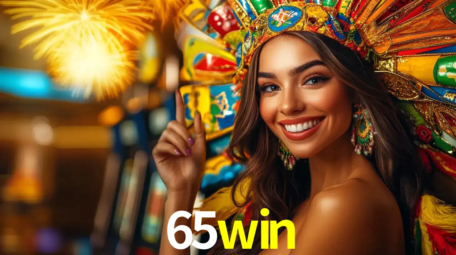 Mulher sorridente com um cocar de carnaval vibrante e colorido, celebrando uma grande vitória nos jogos do cassino 65win com fogos de artifício ao fundo.