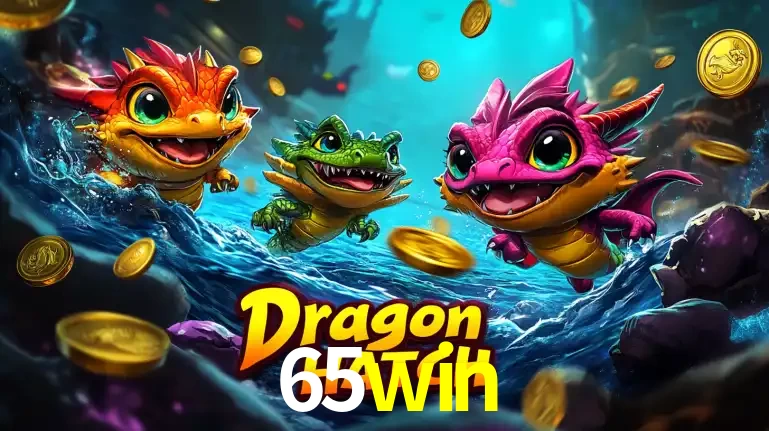 Arte promocional do jogo Dragon Hatch com três adoráveis dragões bebês nadando entre moedas de ouro, um dos slots mais divertidos para jogar no cassino 65win.