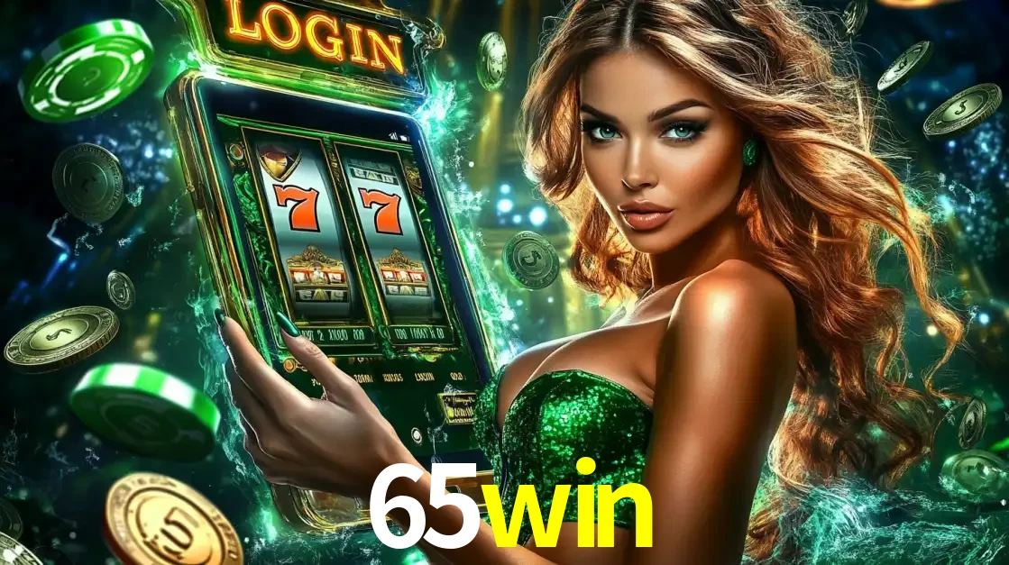 Mulher com tema verde apresentando o aplicativo do cassino 65win com um jogo de slot de 777, cercada por fichas de cassino e uma aura de sorte.