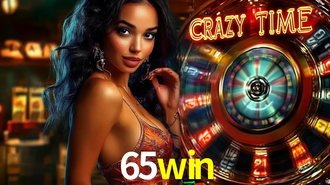 Mulher elegante ao lado da vibrante roda da fortuna do jogo de cassino ao vivo Crazy Time, um dos game shows mais populares e cheios de prêmios do 65win.