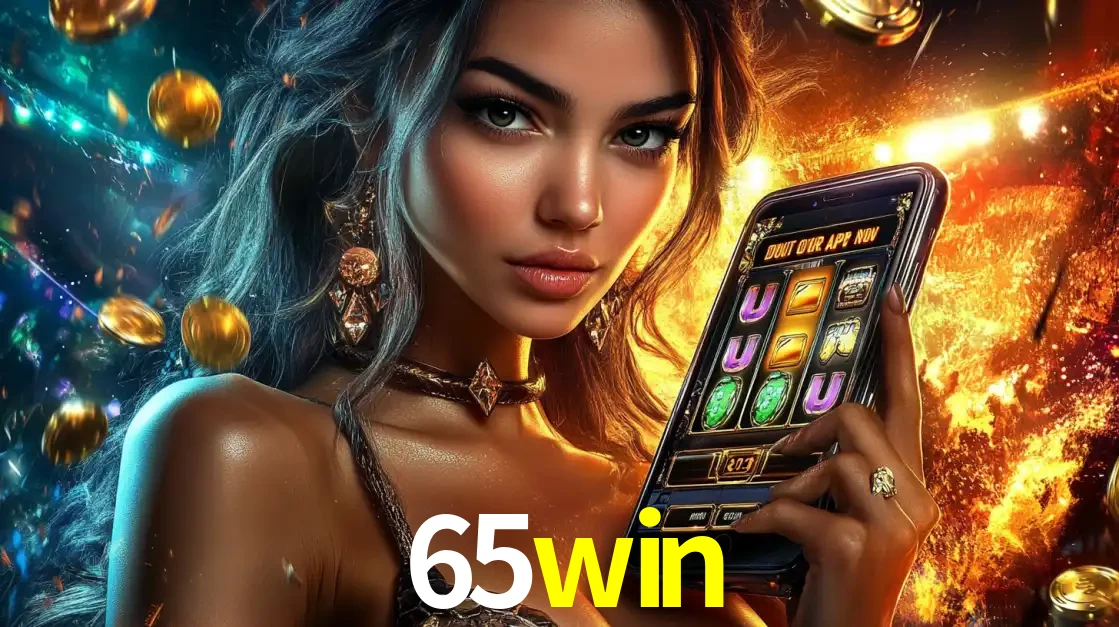 Mulher elegante mostrando um jogo de caça-níqueis em seu smartphone, destacando a experiência de cassino móvel oferecida pelo aplicativo 65win.