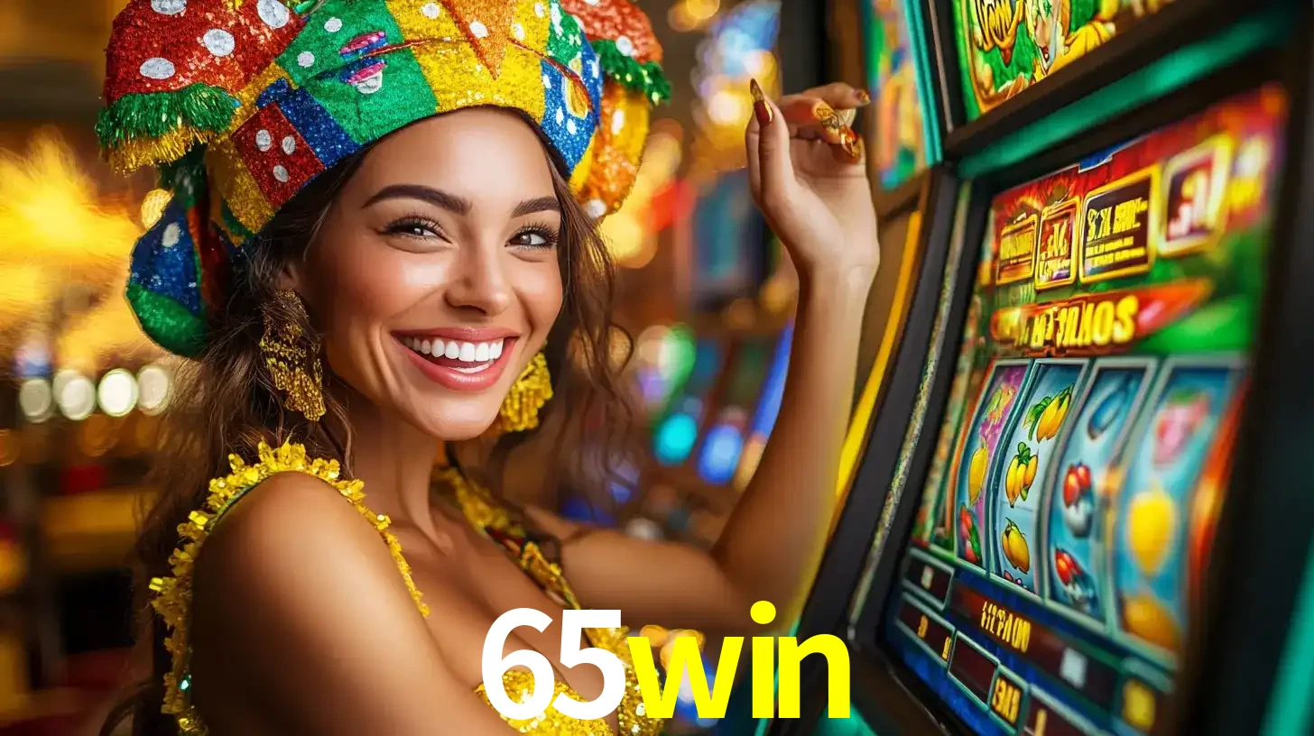 Mulher feliz com traje de carnaval amarelo e colorido ao lado de uma máquina de caça-níqueis, aproveitando a diversão e os jogos temáticos do cassino 65win.