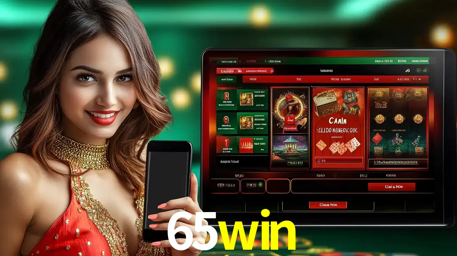Mulher sorridente segurando um smartphone, ao lado de uma tela exibindo o lobby de jogos do cassino online 65win, com várias opções de jogos de cartas e slots.